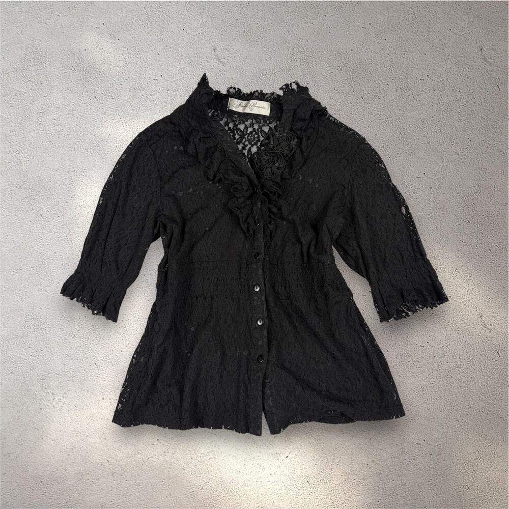 Hopeless Romantic Floral Ruffle Lace Top Women's M Black Sheer Gothic Victorian - Picture 2 of 8